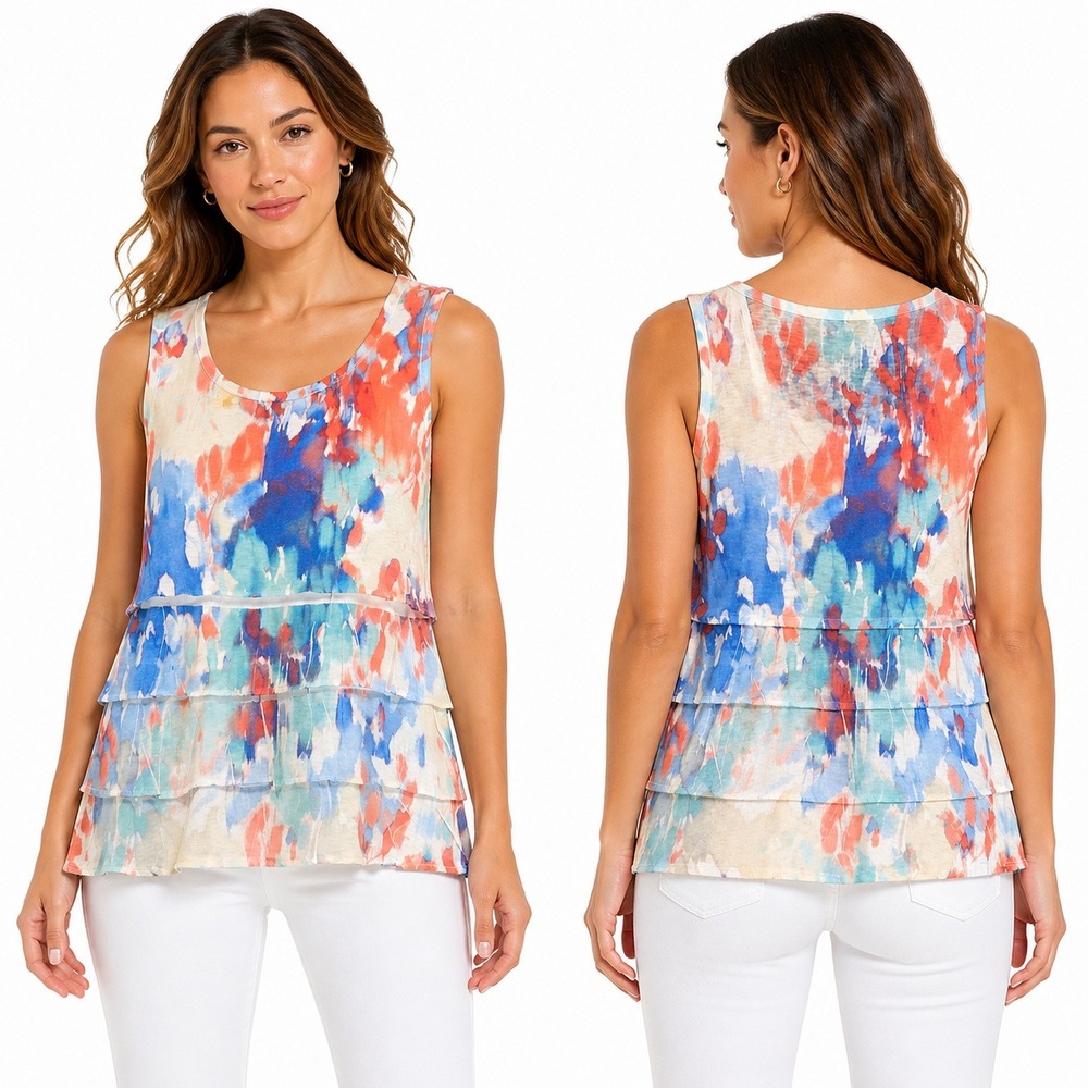 Coldwater Creek Top Womens S 8 Tank Small Abstract Watercolor Tiered Ruffle Blue
